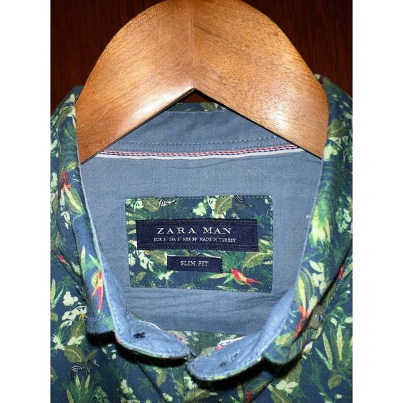ZARA MAN SHIRT ZEBRA TIGER PARROT LEAF PRINT LONG SLEEVE SLIM FIT GREEN SMALL S - Picture 5 of 5